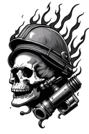 piston going through skull with flames coming out and a fire helmet tattoo design idea