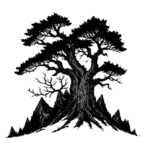 “A blackwork forest with ancient oaks and dead trees, transitioning to dotwork in the branches, angular mountains with s tattoo design idea