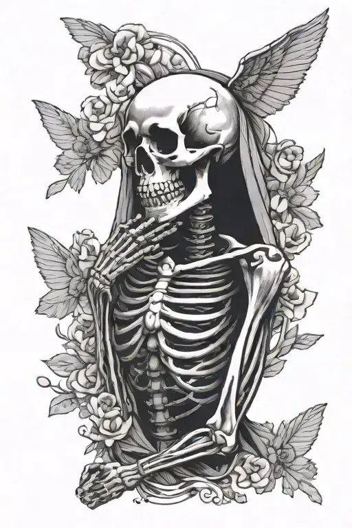 Skeleton looking at the sky from the side, the skeleton is praying. Floating teary eyes of a female are floating around tattoo design idea