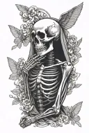 Skeleton looking at the sky from the side, the skeleton is praying. Floating teary eyes of a female are floating around tattoo design idea