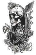 Skeleton looking at the sky from the side, the skeleton is praying. Floating teary eyes of a female are floating around tattoo design idea