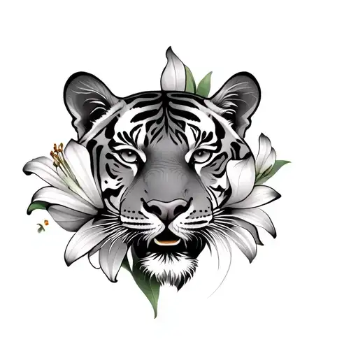 tiger face and lily flower around Tiger  tattoo design idea
