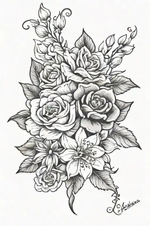 jasmine, orange blossom, freesia, and rose intertwined  tattoo design idea