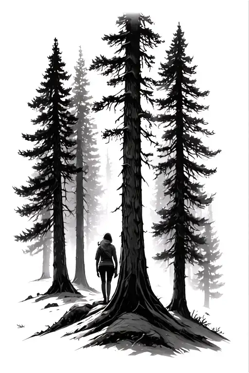 Ellie from the last of us walking through redwood trees tattoo design idea