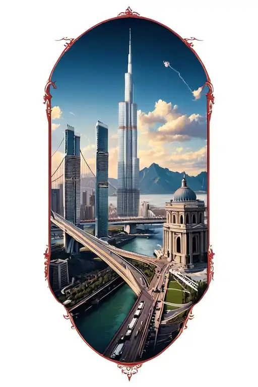 Marina Bay Sands, the Burj Khalifa, Golden Gate Bridge, Table Mountain, Stockholm City Hall, the Grand Canyon, Taj Mahal tattoo design idea