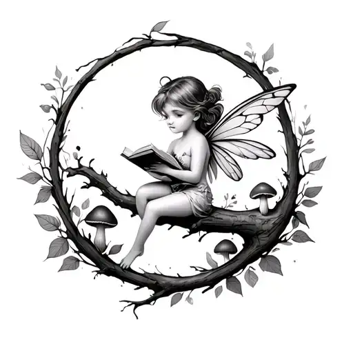 A small fairy sitting on a branch bent in a circle, a bright book in his hands, mushrooms and leaves has tattoo design idea