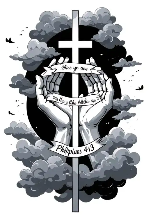 the bible verse Philippians 4:13 written with clouds in the background and hands holding a cross neckless tattoo design idea