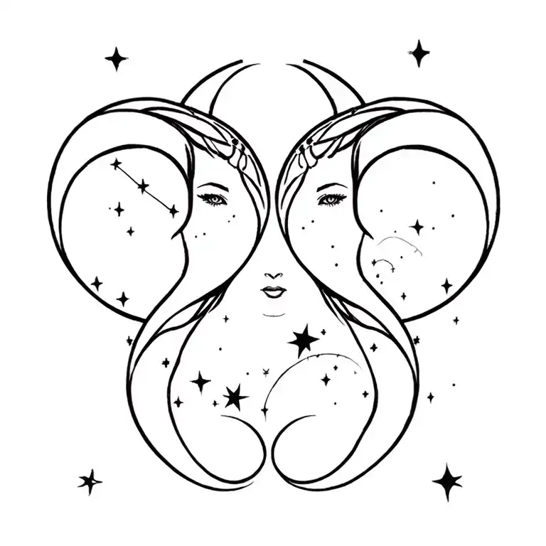 make Gemini plus Aries female tattoo design featuring stars constallations, sun and moons tattoo design idea