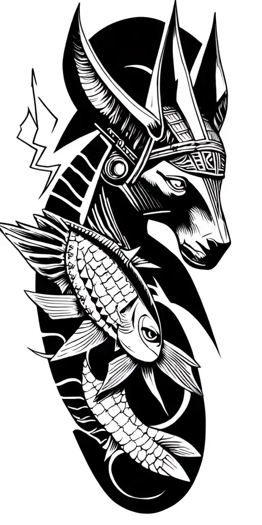 viking rume and Anubis and fish and lightning bolt Featuring Anubis and Fusion Of Inka And Egyptian Symbolism tattoo design idea