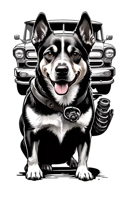 A dog mechanic fixing up a classic truck tattoo design idea