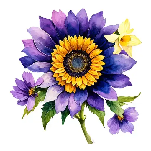 watercolor Flowers sunflower, violet, Narcissus primrose,aster, moring glory, daffodil tattoo design idea