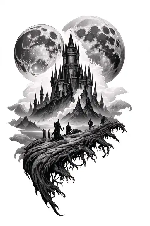 sleeve with the forbidden forest from Harry Potter, the moons of tattooine, and Sauron's tower tattoo design idea