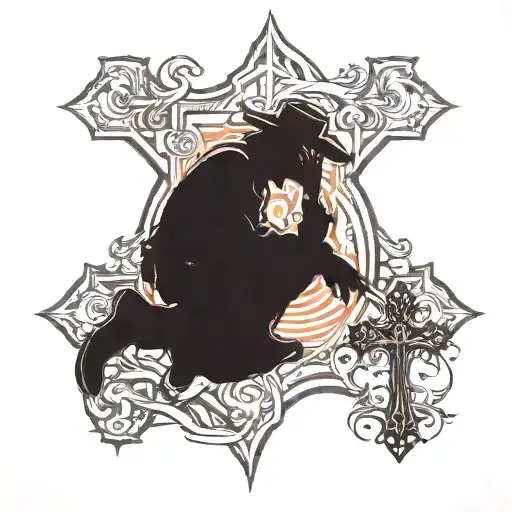 silhouette of a cowboy that is kneeling down next to a cross tattoo design idea