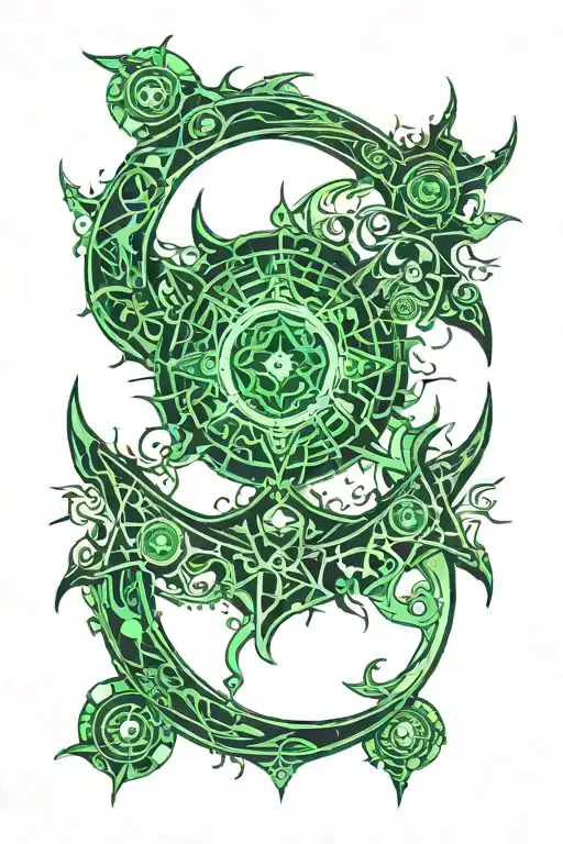 Celestial body green fire casting light on a crescent moon tattoo design idea