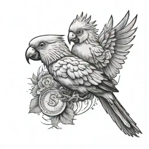 a cockatiel bird with a cool backround money and guns for shoulder tattoo design idea