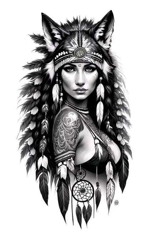 "Madonna" a native american women with a wolf head headress and a dream catcher surounding her tattoo design idea