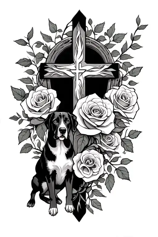 roses,vines,cross and dog spirit animal making way for a loved one  tattoo design idea