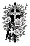 roses,vines,cross and dog spirit animal making way for a loved one  tattoo design idea