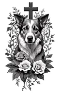 roses,vines,cross and dog spirit animal making way for a loved one  tattoo design idea