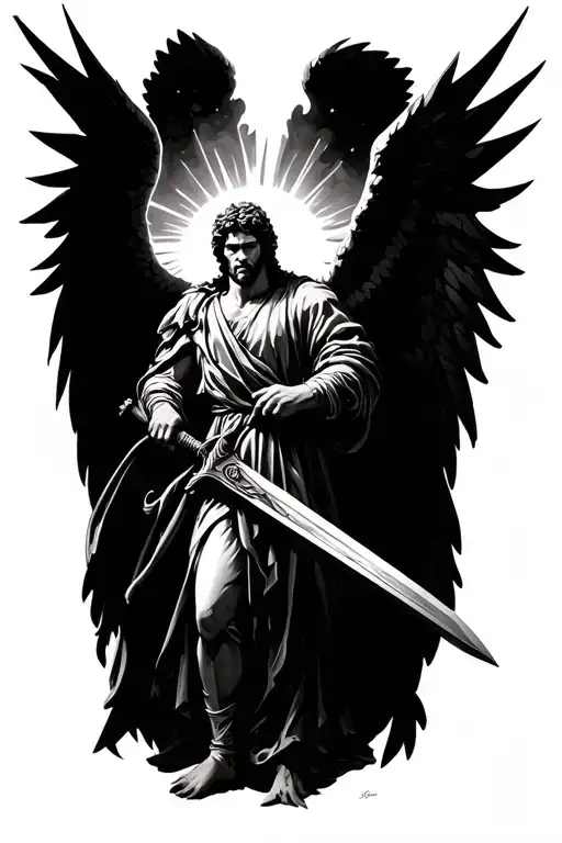 st michael male angel holding a sword black and white and looking angry with sun rays coming down tattoo design idea