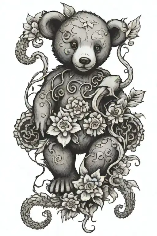 Carnations and daisies entwined with a cute cartoon bear and octopus under a lemon tree  tattoo design idea