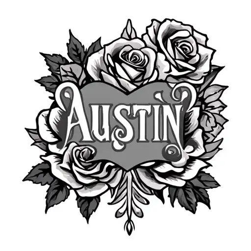 women's chest piece with Austin name and tribal design with roses tattoo design idea
