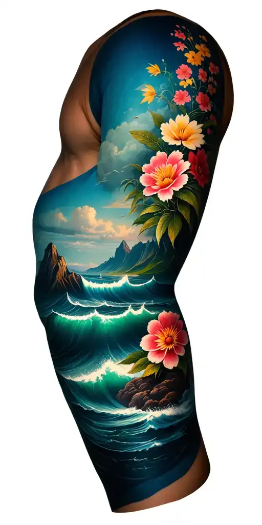 Can you please design an outer forearm tattoo that goes up to the shoulder with mountains, ocean, and flowers in the sty tattoo design idea