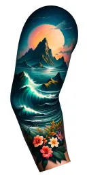 Can you please design an outer forearm tattoo that goes up to the shoulder with mountains, ocean, and flowers in the sty tattoo design idea