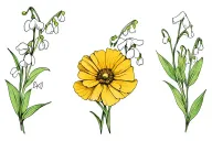 2 lilly of the valley flowers, larkspur, poppy gladiola, and calendula cosmos tattoo design idea