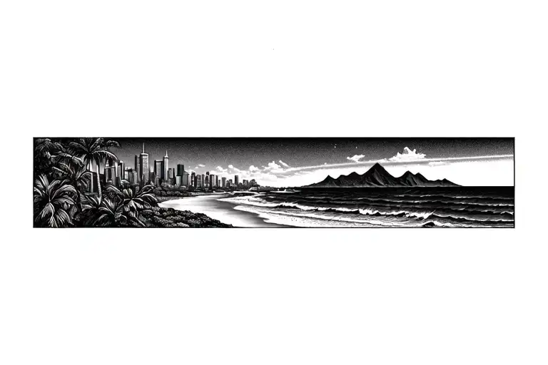 landscape, beach, palms, ocean, mountains, city skyline tattoo design idea
