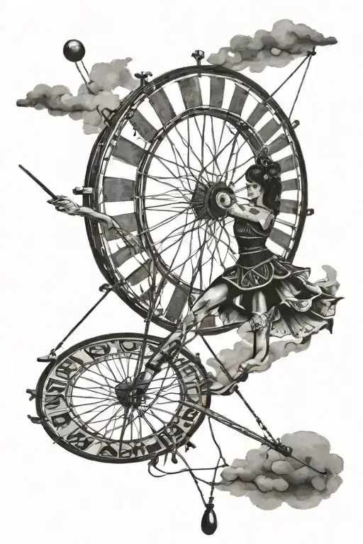 Beautiful circus wheel and tightrope walker with a stick on the foreground tattoo design idea