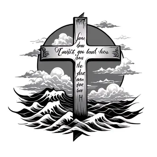 a cross with a phrase written on one side and the other, clouds around it, with waves tattoo design idea