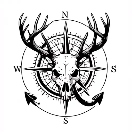 deer skull, compass, and anchor tattoo design idea
