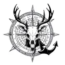 deer skull, compass, and anchor tattoo design idea