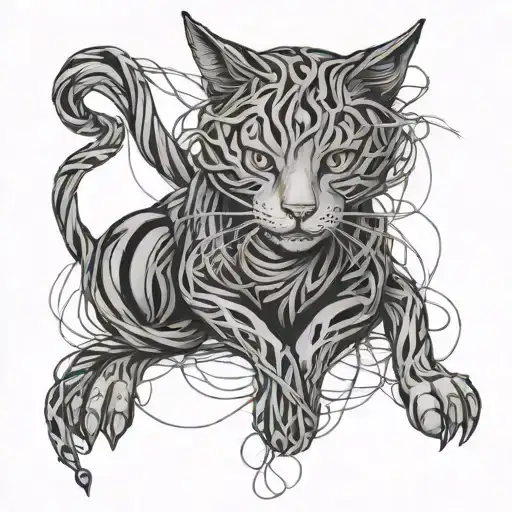 A drawing of a cat with tangled lines and knots, representing the client's struggles with OCD and anxiety tattoo design idea