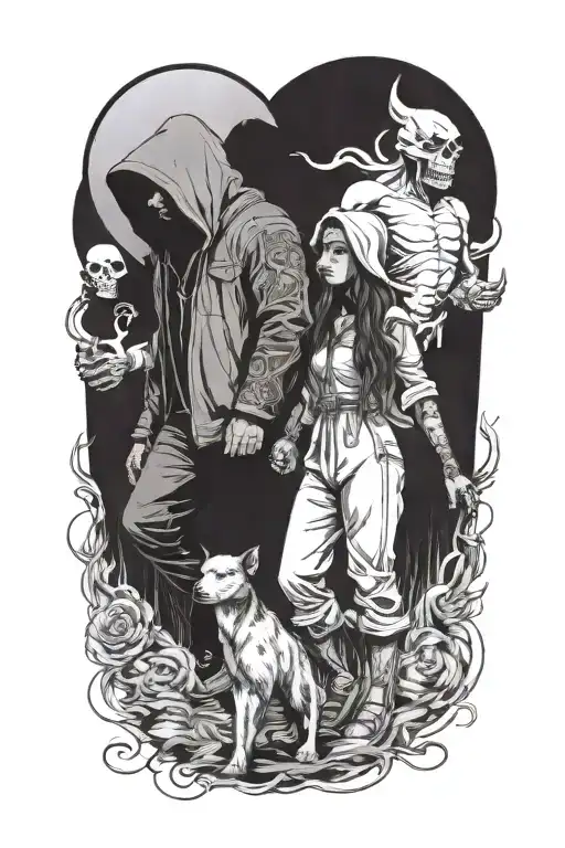 a girl and a huge hooded beast walking side by side holding hands tattoo design idea