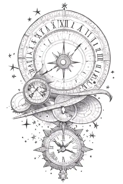 Passage of time with stars and arrows pointing toward different sundials, clocks, and time in an abstract format.  tattoo design idea