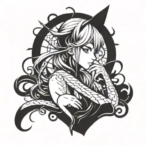 A sleek blackwork tattoo of a mystical anime character with cat ears and tail tattoo design idea