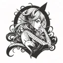 A sleek blackwork tattoo of a mystical anime character with cat ears and tail tattoo design idea
