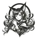A sleek blackwork tattoo of a mystical anime character with cat ears and tail tattoo design idea
