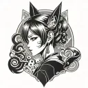 A sleek blackwork tattoo of a mystical anime character with cat ears and tail tattoo design idea