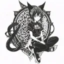 A sleek blackwork tattoo of a mystical anime character with cat ears and tail tattoo design idea