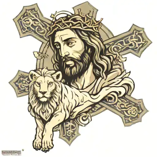 jesus with lion and lamb 3 crosses tattoo design idea