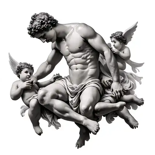 FIGURE MAN ATTACHED BY CHERUBS tattoo design idea
