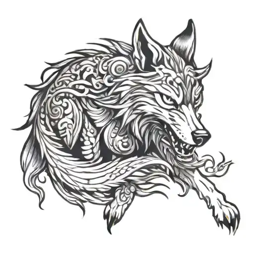 neo trad Japanese wolf tattoo design idea