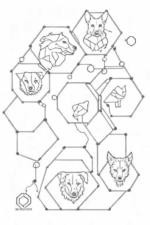 A set of five connected hexagons each containing a portrait of a different pet tattoo design idea