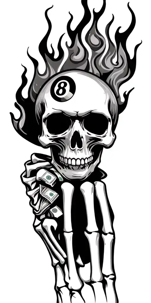 skull, 8 ball, 7's jackpot symbol, roulette, rolls of cash, skeleton hand, hot rod flames,  tattoo design idea
