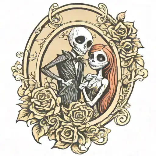Jack and Sally in an oval vintage frame tattoo design idea