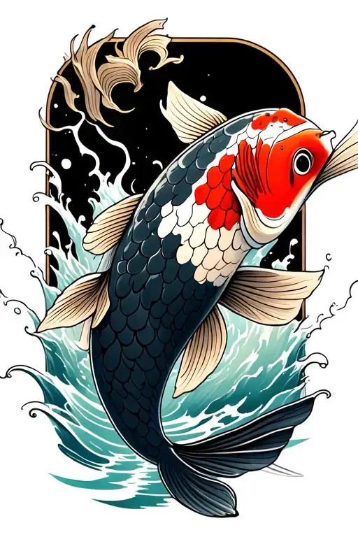A black koi fish swimming upstream against strong current, symbolizing perseverance, courage and self-discipline. Realis tattoo design idea