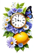 rose and violets and daisies and butterfly resting and lemons and thunderstorm and clock and cat eye tattoo design idea